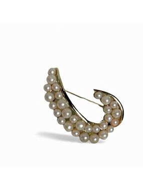 Vintage Gold Tone Faux Pearl Brooch 2 Inch Pin